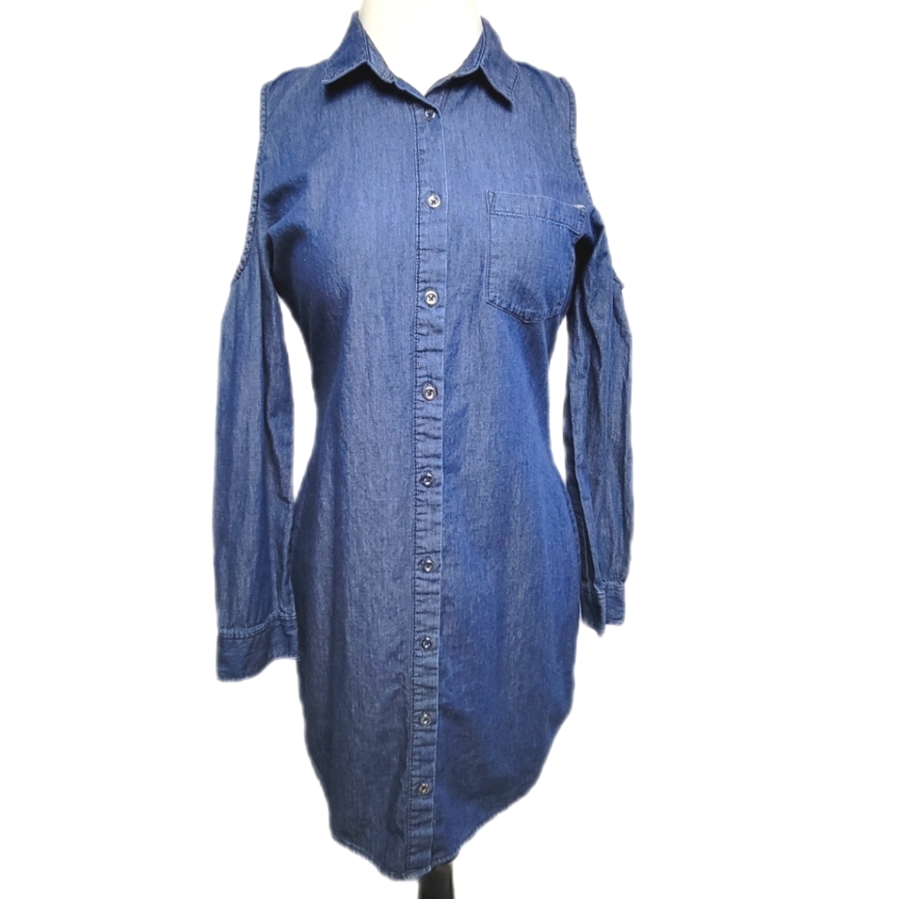 Guess Blue Denim Collared Long Sleeve Button Up Mini Dress Size Small